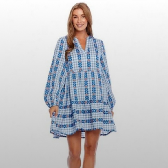 NWT Mud Pie Eliza Yarn Dye Dress Blue Embroidered Boho Bohemian size Medium - Picture 1 of 8